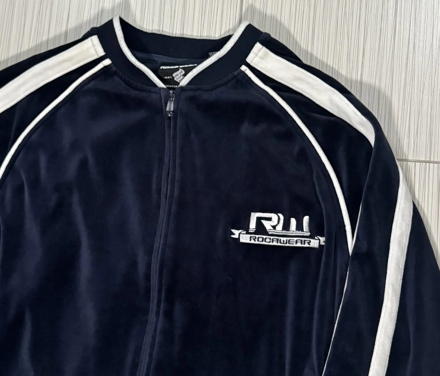Vintage Rocawear Navy Velour Track Jacket (Size L) — RootsBK